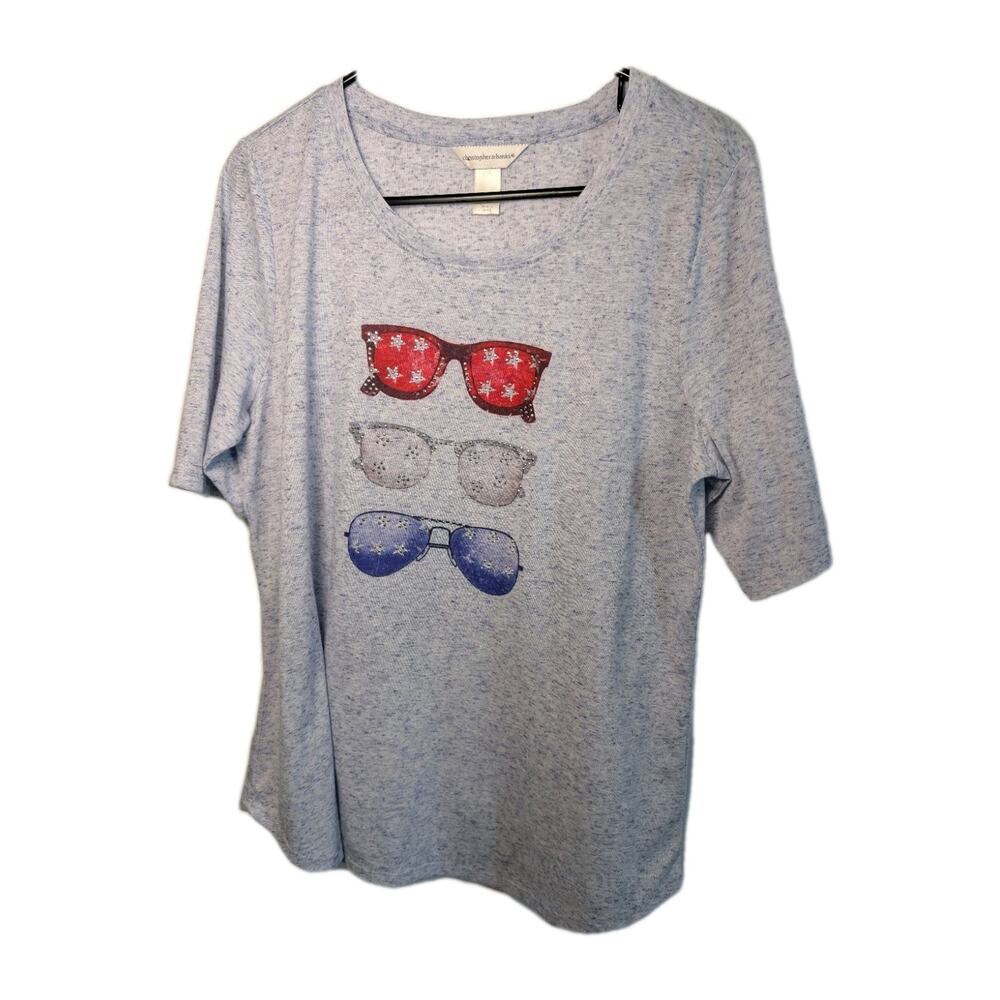 CHRISTOPHER & BANKS T-Shirt USA Linen 4th July Sunglasses Women's Size Large EUC